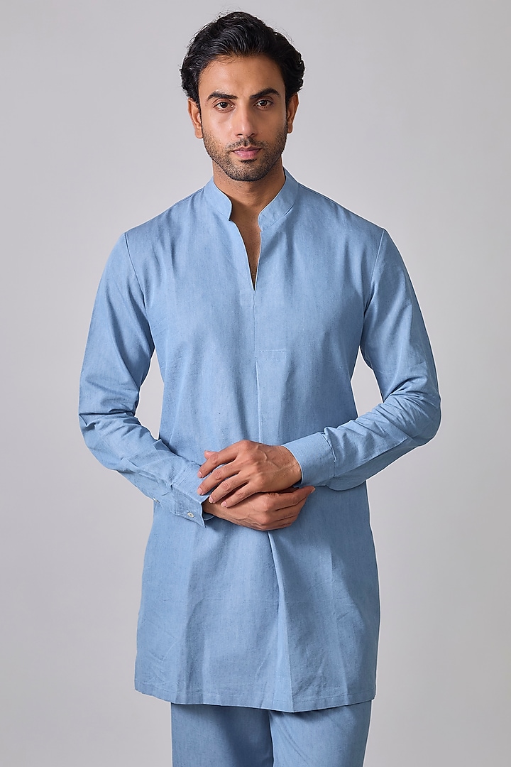 Powder Blue Denim Kurta Set by Sharad raghav men at Pernia's Pop Up Shop