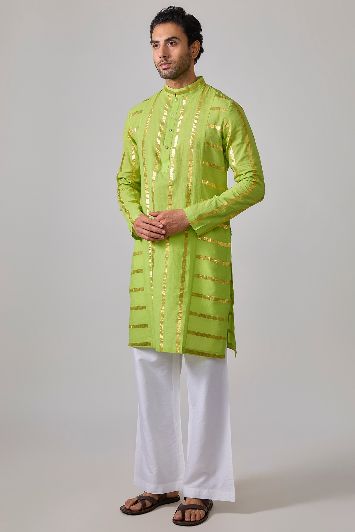 Sharad raghav Mint Green Cotton Lurex Zari Striped Kurta Set