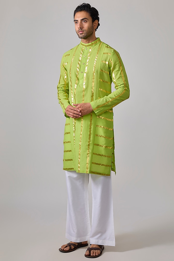 Mint Green Cotton Lurex Zari Striped Kurta Set by Sharad raghav men at Pernia's Pop Up Shop