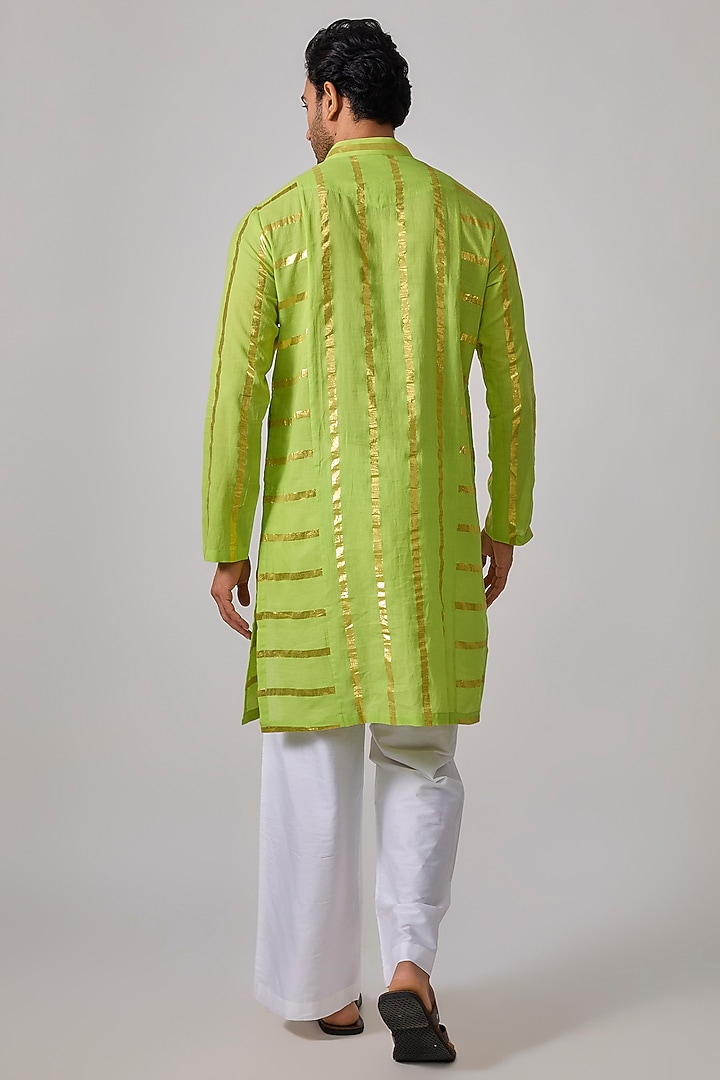 Mint Green Cotton Lurex Zari Striped Kurta Set by Sharad raghav men at Pernia's Pop Up Shop