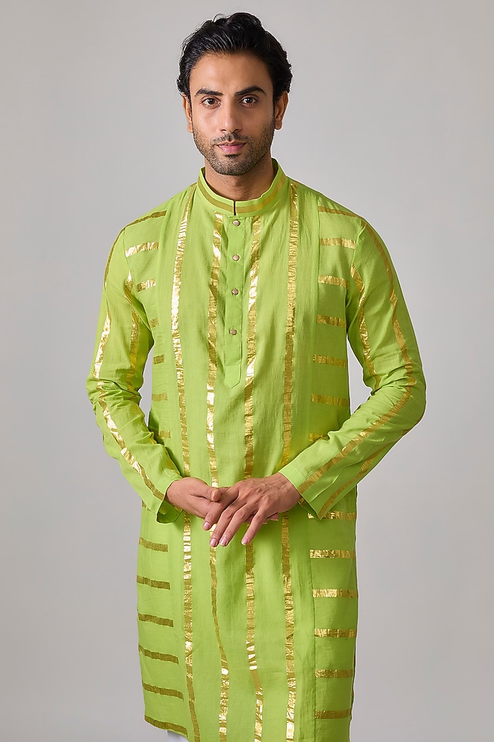 Mint Green Cotton Lurex Zari Striped Kurta Set by Sharad raghav men at Pernia's Pop Up Shop