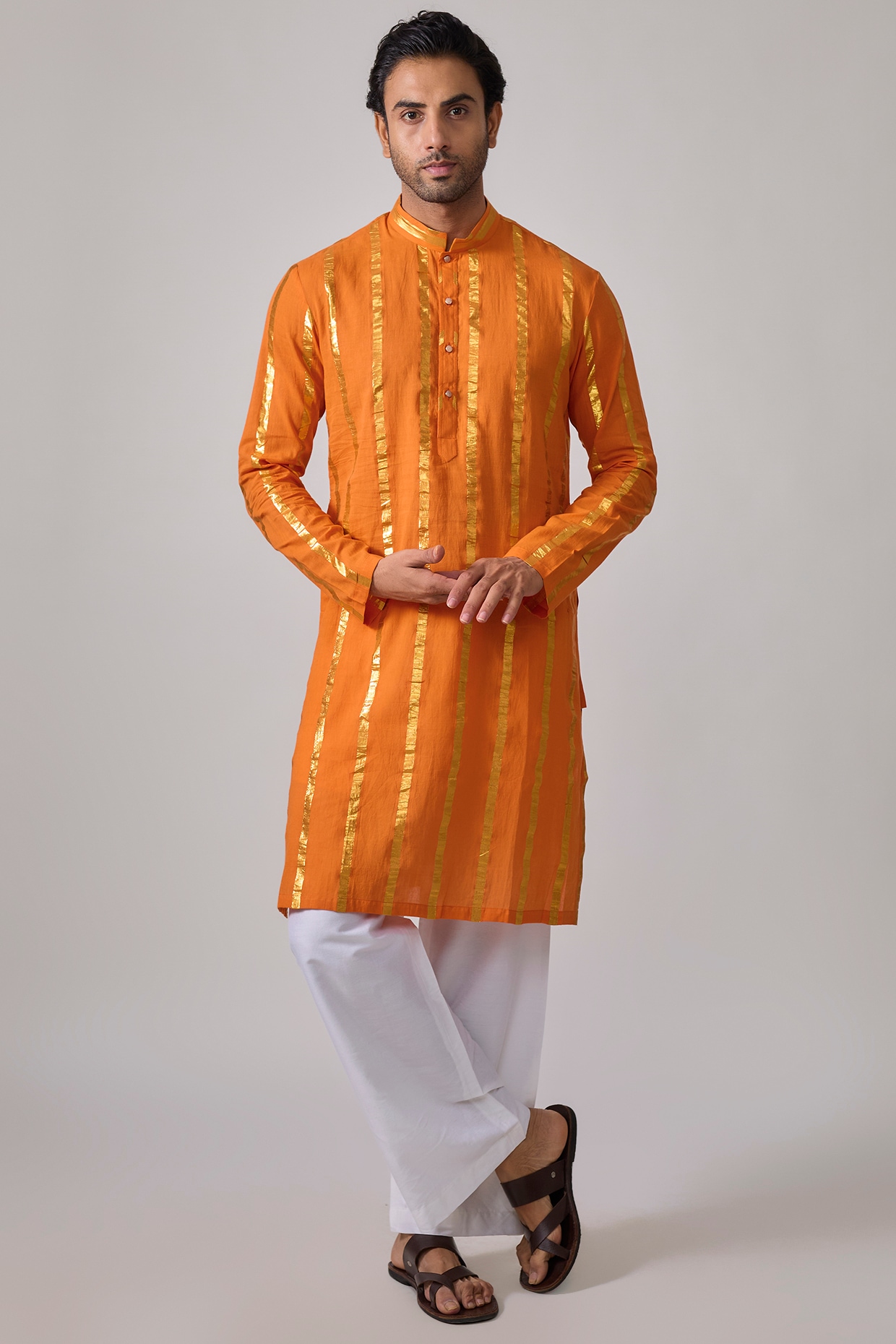 Sharad raghav Orange Cotton Lurex Zari Striped Kurta Set