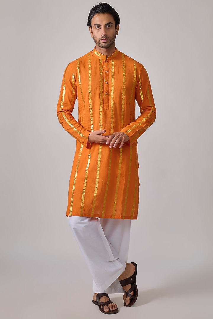  Orange Cotton Lurex Zari Striped Kurta Set by Sharad raghav men at Pernia's Pop Up Shop