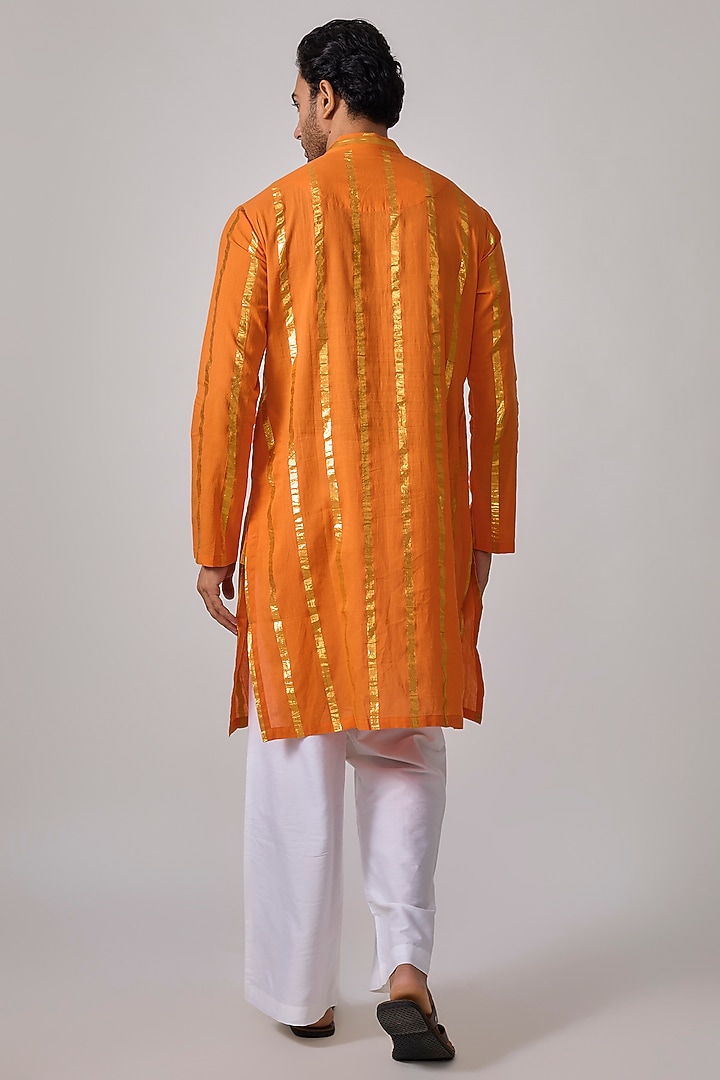 Orange Cotton Lurex Zari Striped Kurta Set by Sharad raghav men at Pernia's Pop Up Shop