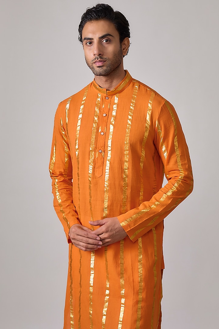 Orange Cotton Lurex Zari Striped Kurta Set by Sharad raghav men at Pernia's Pop Up Shop