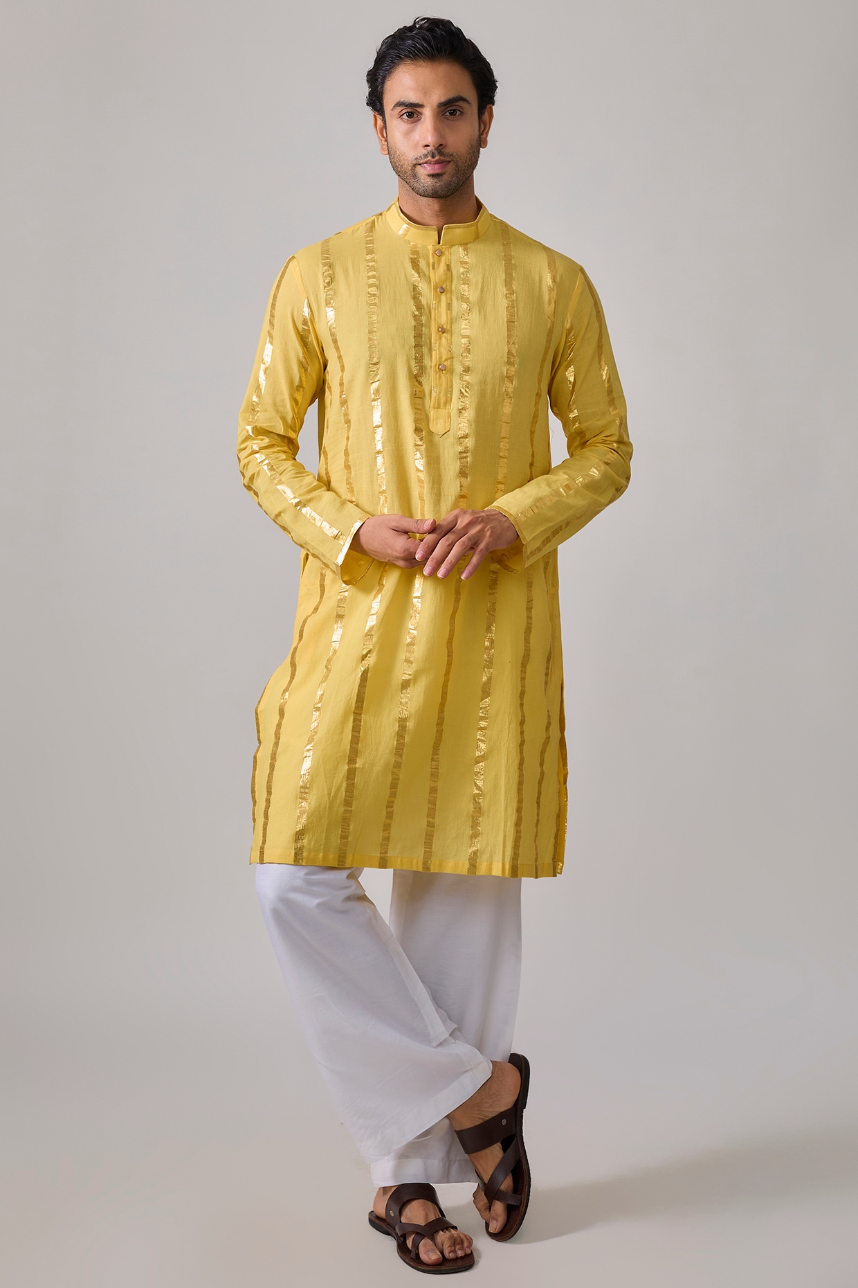 Sharad raghav Yellow Cotton Lurex Zari Striped Kurta Set