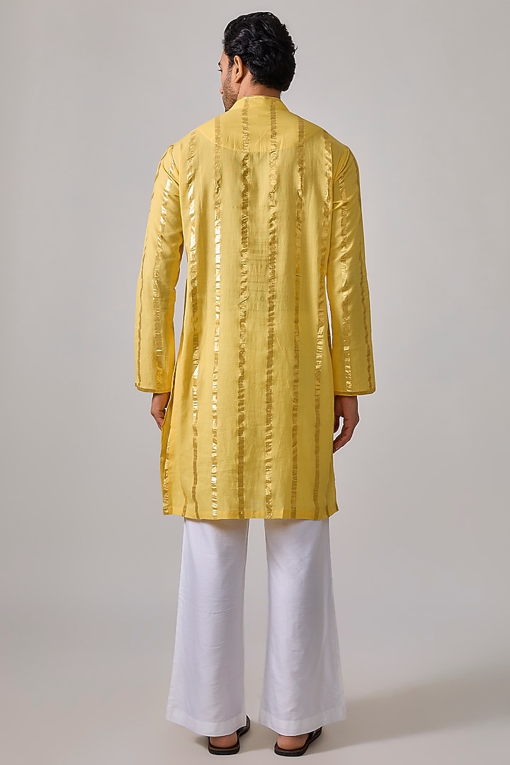 Yellow Cotton Lurex Zari Striped Kurta Set by Sharad raghav men at Pernia's Pop Up Shop