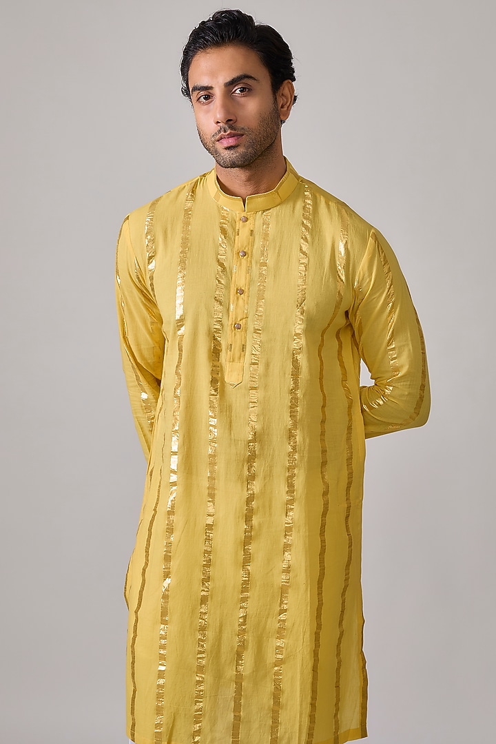 Yellow Cotton Lurex Zari Striped Kurta Set by Sharad raghav men at Pernia's Pop Up Shop