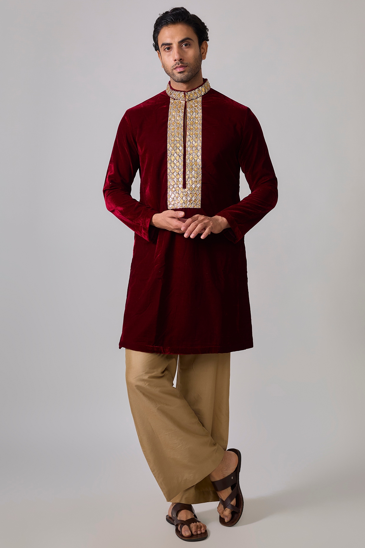 Sharad raghav Maroon Velvet Gota Patti Embroidered Kurta Set