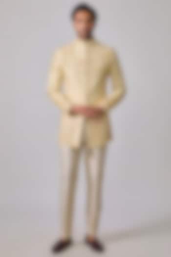 Ivory Raw Silk Resham Embroidered Wedding Indowestern Set by Sharad raghav men at Pernia's Pop Up Shop