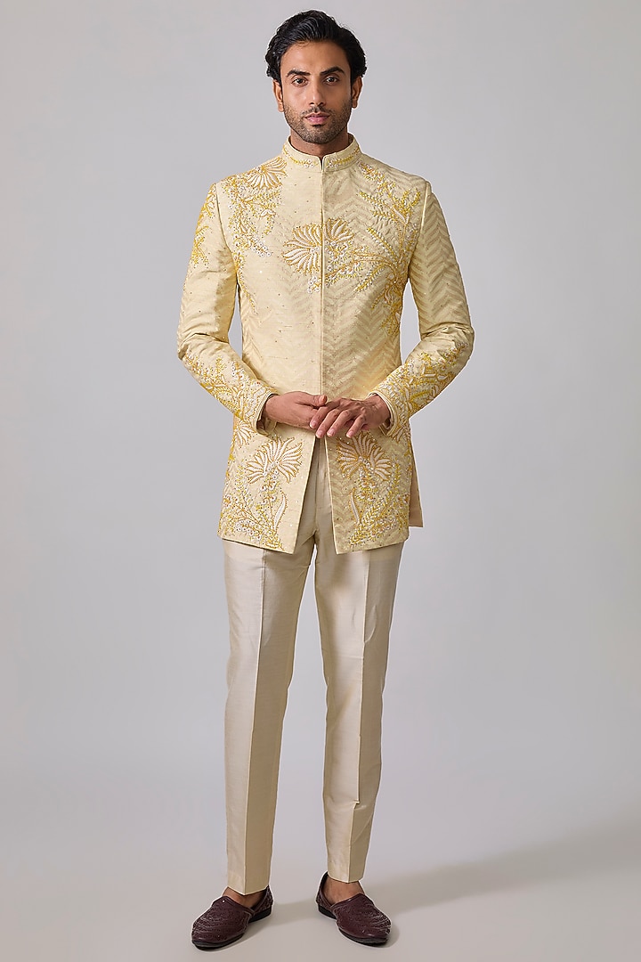 Ivory Raw Silk Resham Embroidered Wedding Indowestern Set by Sharad raghav men at Pernia's Pop Up Shop