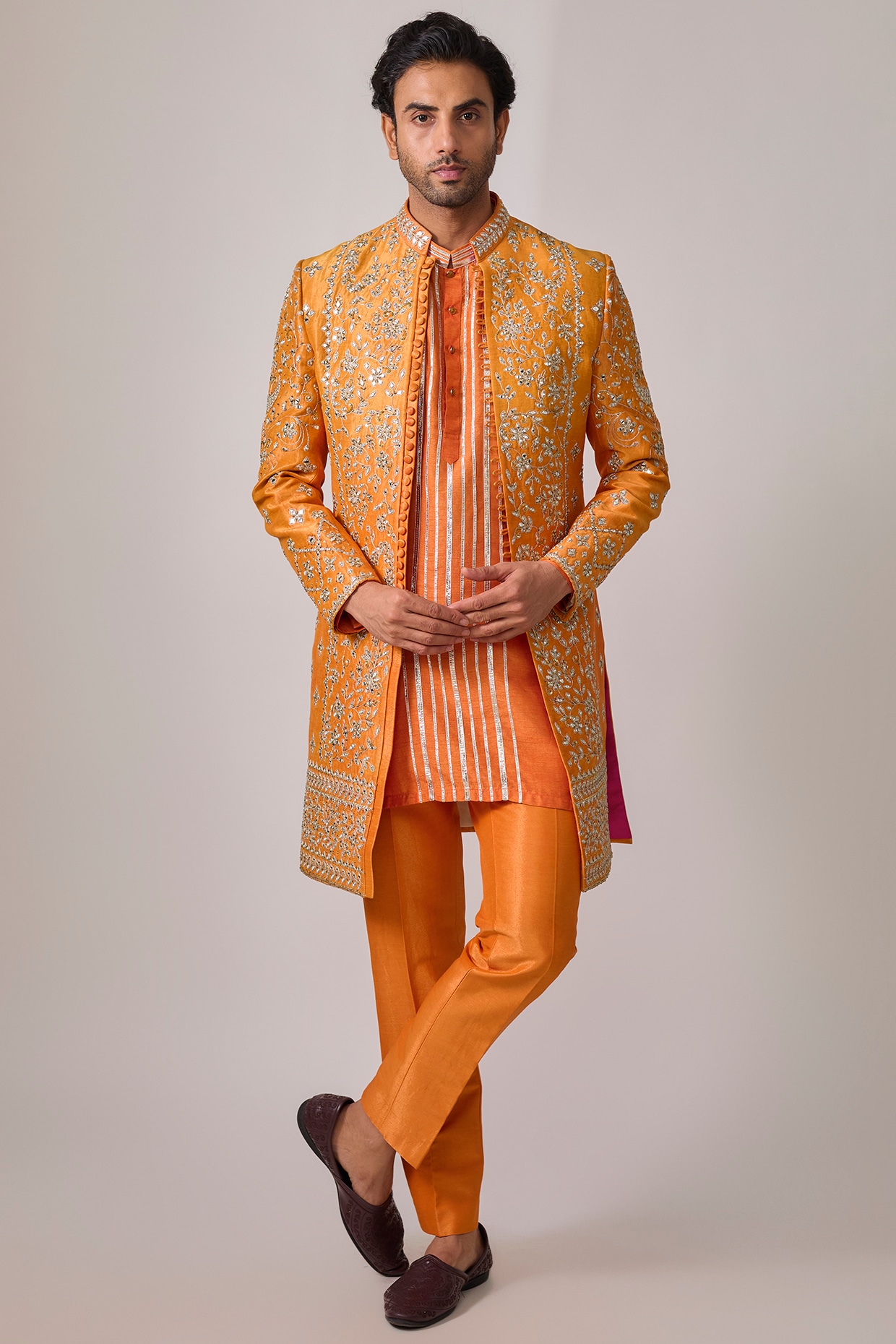 Sharad raghav Orange Zari Silk Mirror Work Indowestern Set