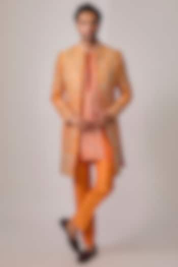 Orange Zari Silk Mirror Work Wedding Indowestern Set by Sharad raghav men at Pernia's Pop Up Shop