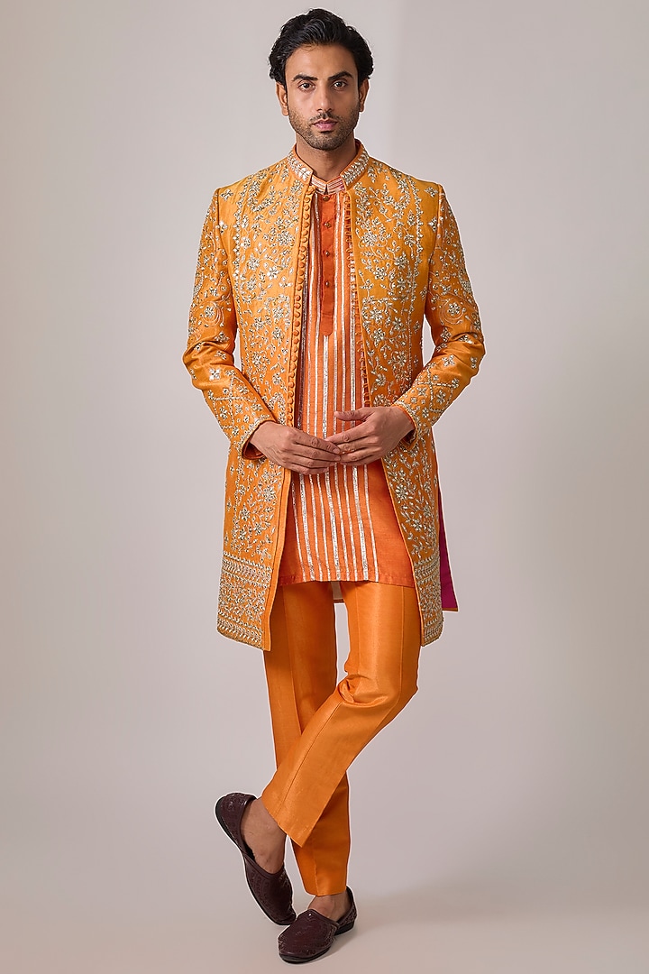 Orange Zari Silk Mirror Work Wedding Indowestern Set by Sharad raghav men at Pernia's Pop Up Shop