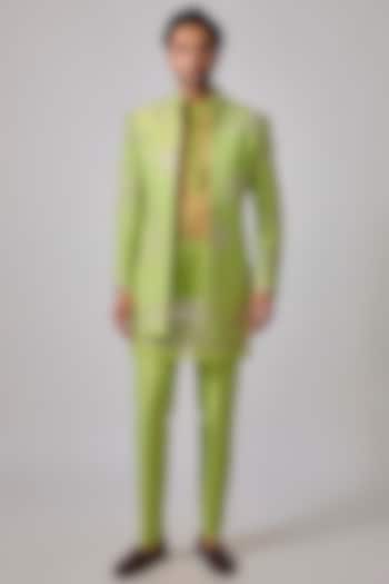 Mint Green Zari Silk Mirror Work Wedding Indowestern Set by Sharad raghav men at Pernia's Pop Up Shop