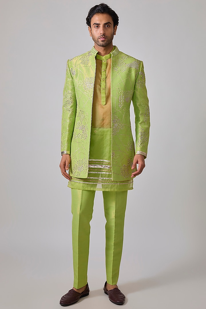 Mint Green Zari Silk Mirror Work Wedding Indowestern Set by Sharad raghav men at Pernia's Pop Up Shop