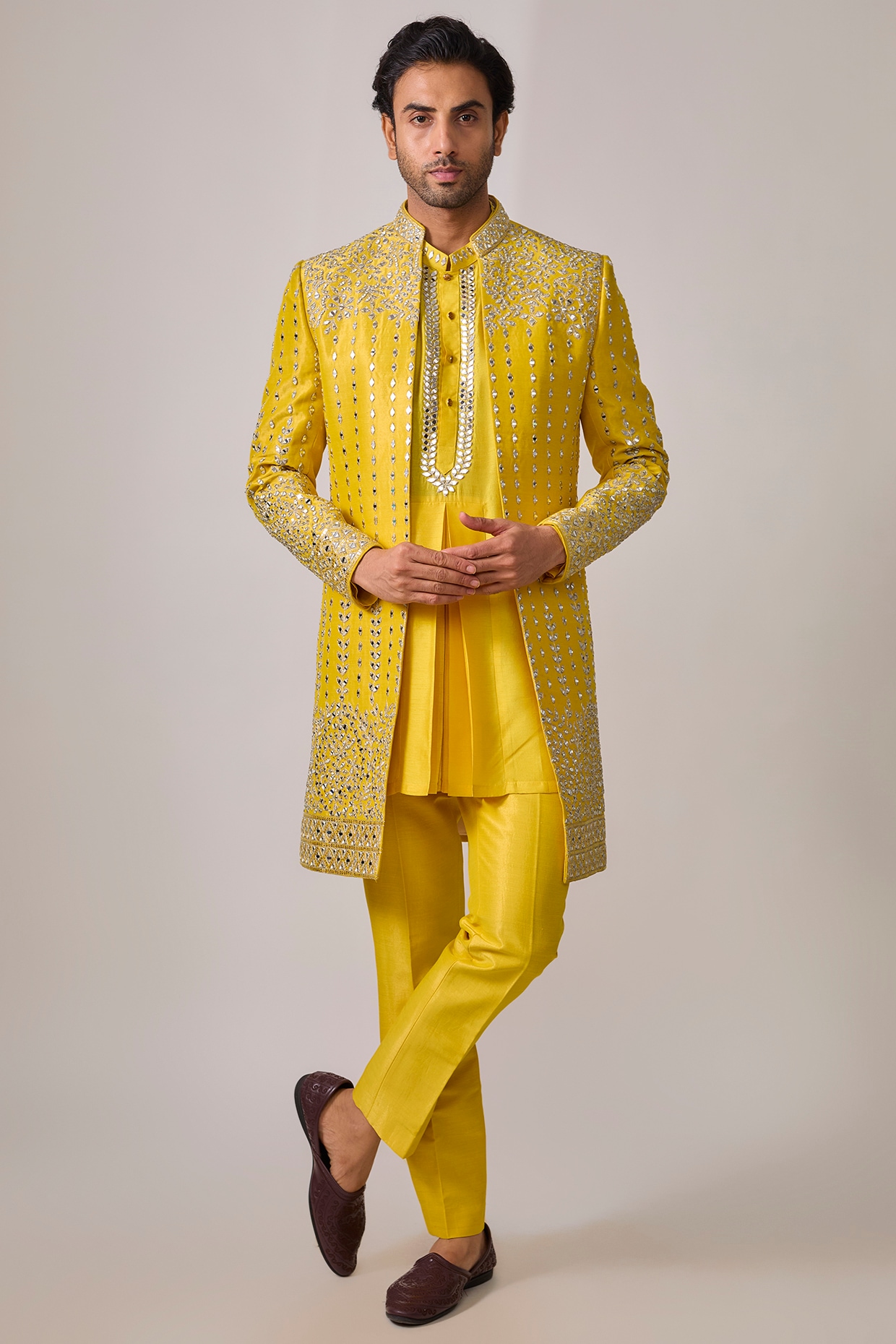 Sharad raghav Yellow Zari Silk Mirror Work Indowestern Set