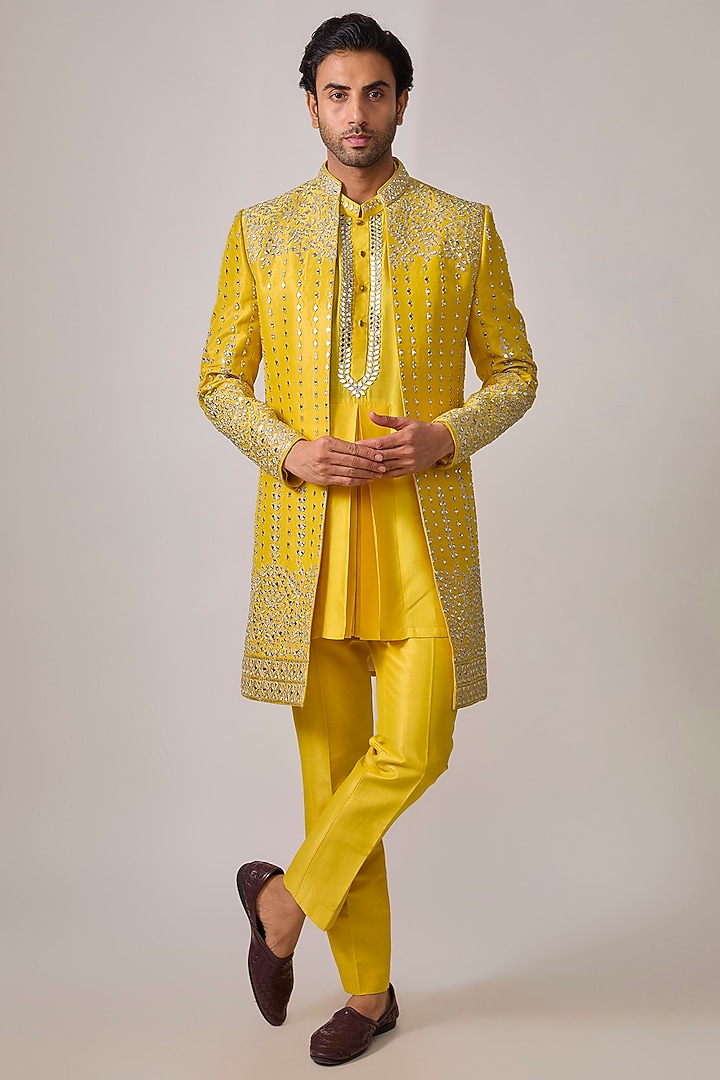 Yellow Zari Silk Mirror Work Wedding Indowestern Set by Sharad raghav men at Pernia's Pop Up Shop
