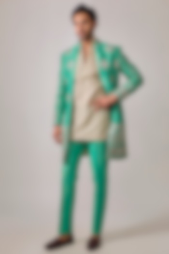 Teal Green Zari Silk Mirror Work Groom Indowestern Set by sharad raghav men at Pernia's Pop Up Shop