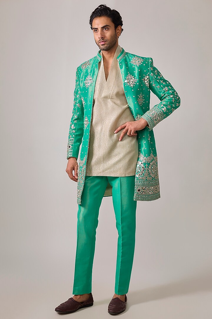 Teal Green Zari Silk Mirror Work Groom Indowestern Set by sharad raghav men at Pernia's Pop Up Shop