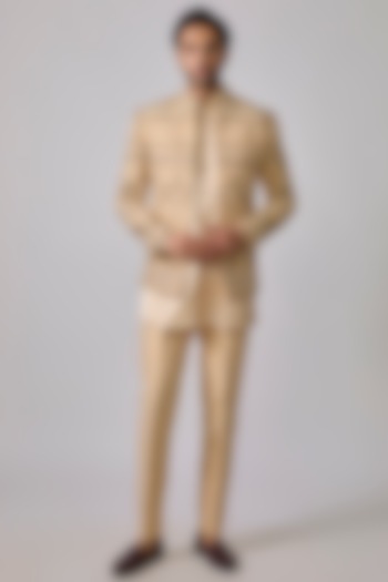 Beige Zari Silk Zardosi Embroidered Wedding Indowestern Set by sharad raghav men at Pernia's Pop Up Shop