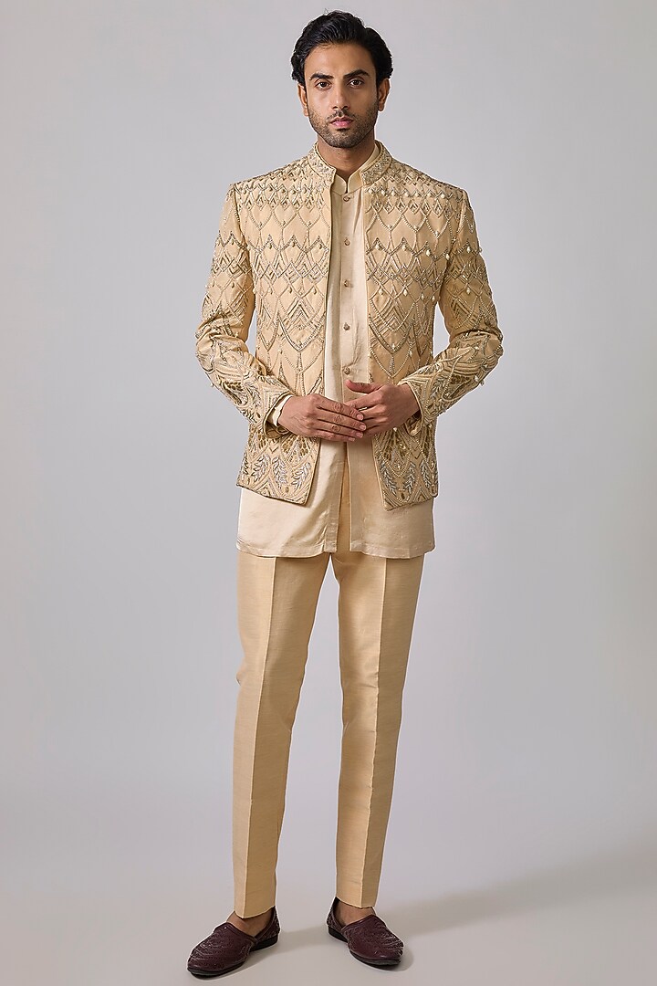 Beige Zari Silk Zardosi Embroidered Wedding Indowestern Set by sharad raghav men at Pernia's Pop Up Shop