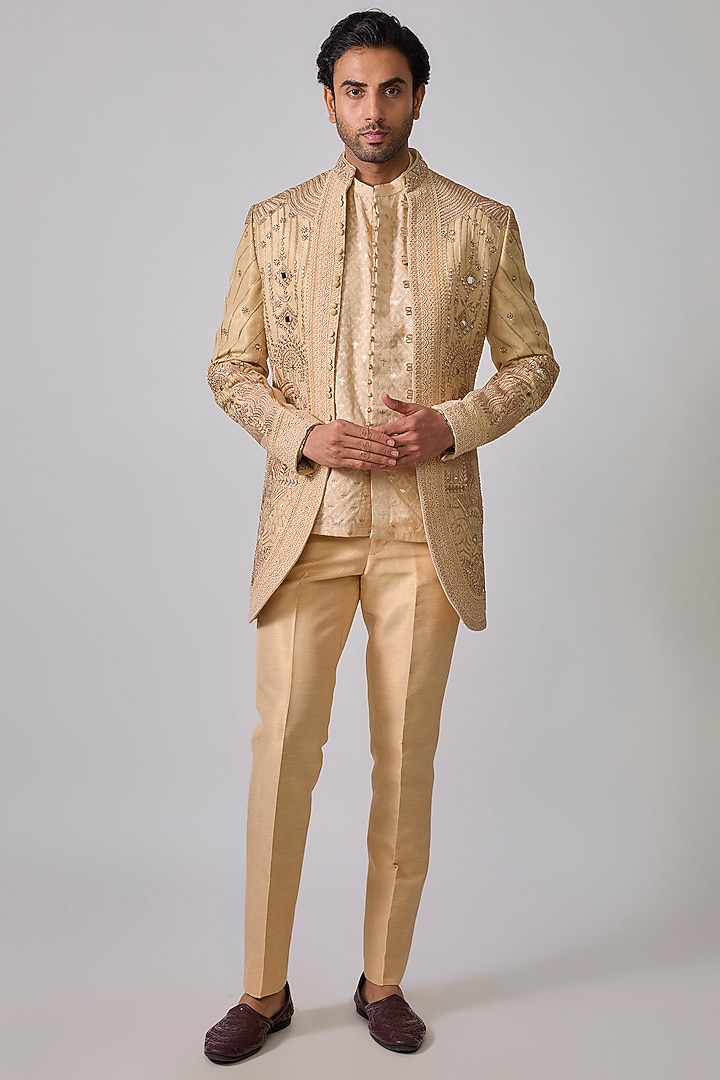Beige Zari Silk Zardosi Embroidered Wedding Indowestern Set by sharad raghav men at Pernia's Pop Up Shop