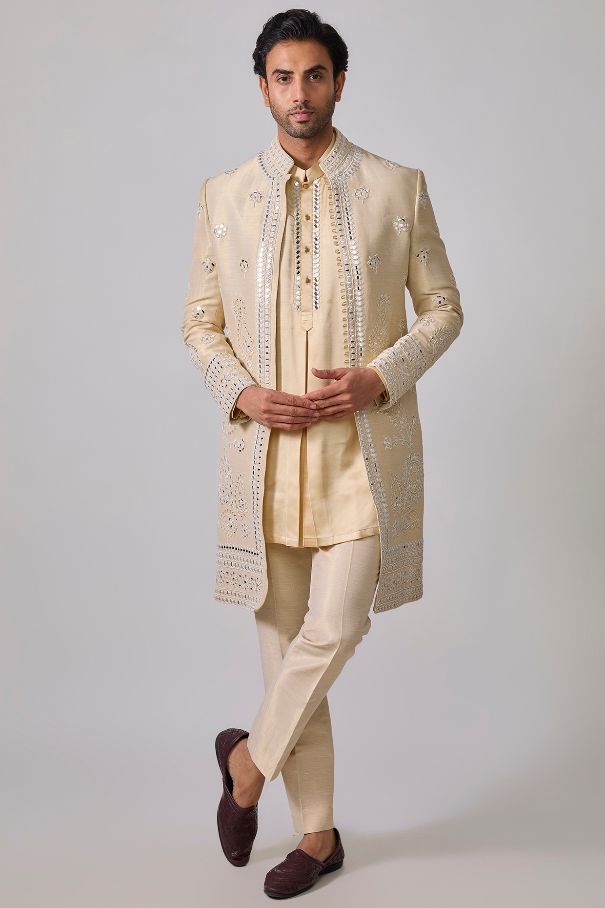 sharad raghav Beige Zari Silk Mirror Work Indowestern Set
