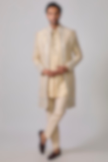 Beige Zari Silk Mirror Work Wedding Indowestern Set by sharad raghav men at Pernia's Pop Up Shop