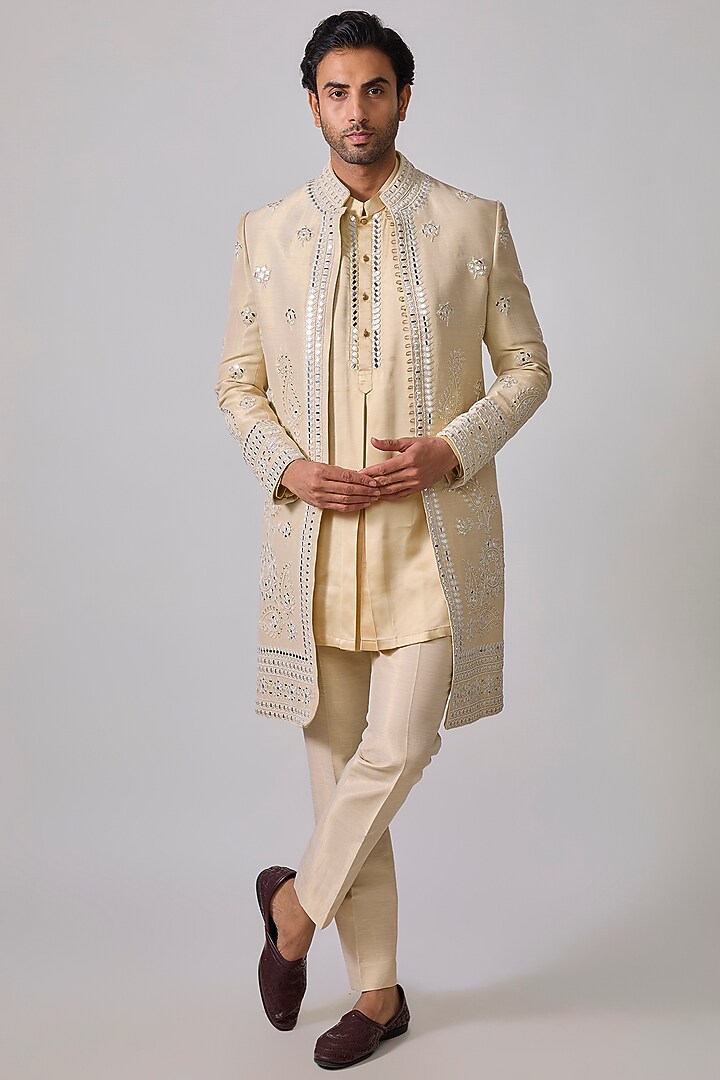 Beige Zari Silk Mirror Work Wedding Indowestern Set by sharad raghav men at Pernia's Pop Up Shop
