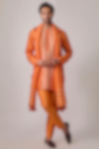 Orange Silk Gota Embroidered Kurta Set by sharad raghav men at Pernia's Pop Up Shop