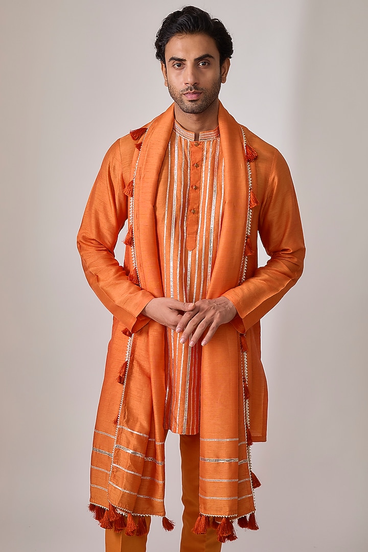 Orange Silk Gota Embroidered Kurta Set by sharad raghav men at Pernia's Pop Up Shop