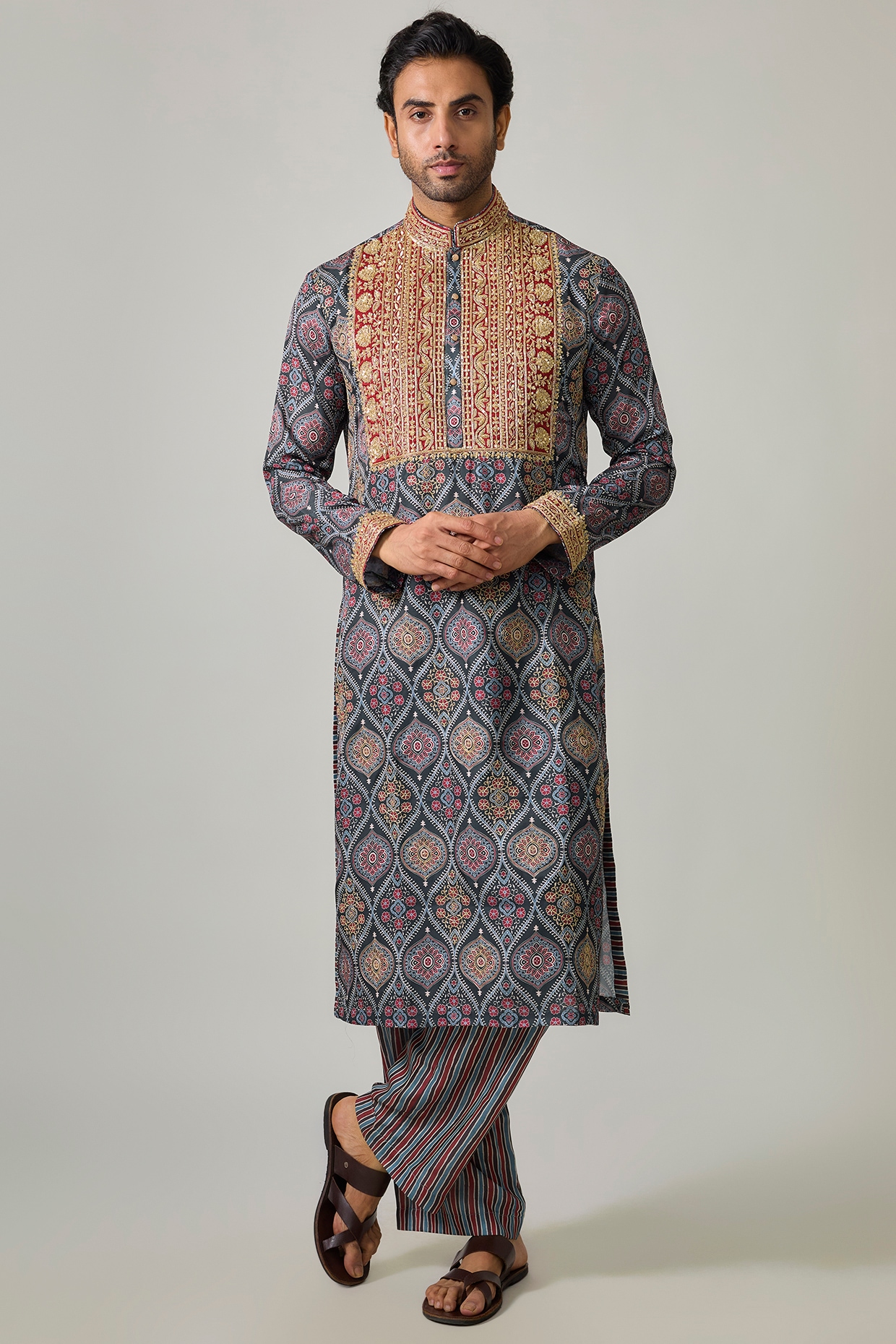 sharad raghav Grey Modal Silk Embroidered & Digital Printed Kurta Set