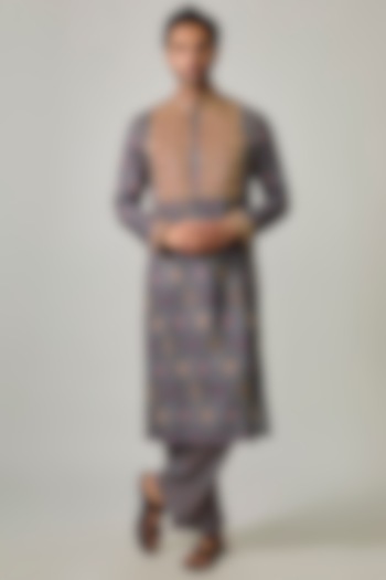 Grey Modal Silk Embroidered & Digital Printed Kurta Set by sharad raghav men at Pernia's Pop Up Shop