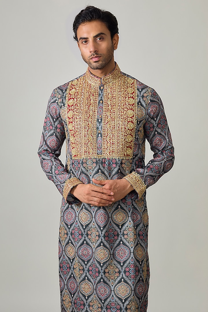 Grey Modal Silk Embroidered & Digital Printed Kurta Set by sharad raghav men at Pernia's Pop Up Shop
