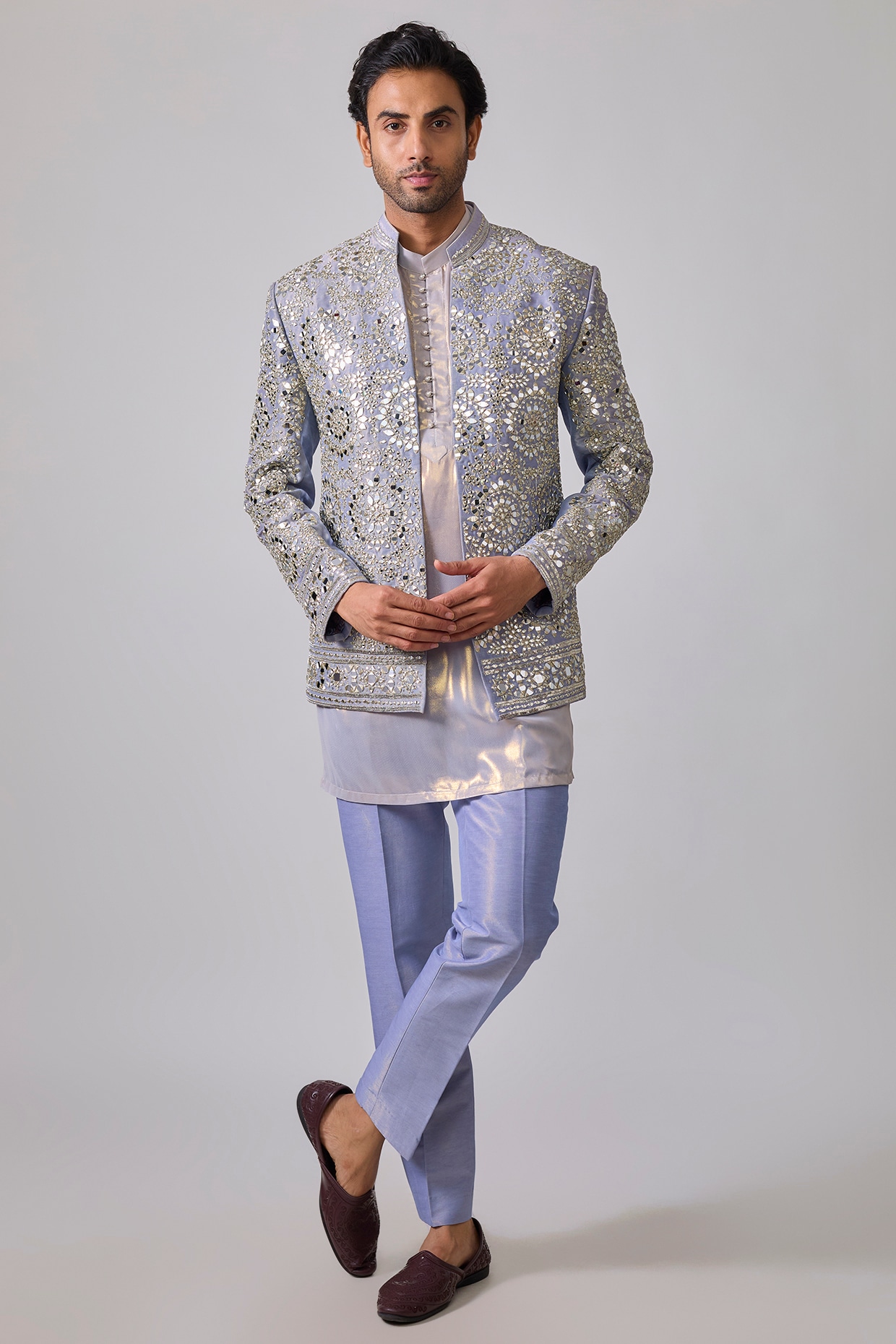 sharad raghav Blue Zari Silk Mirror Work Indowestern Set