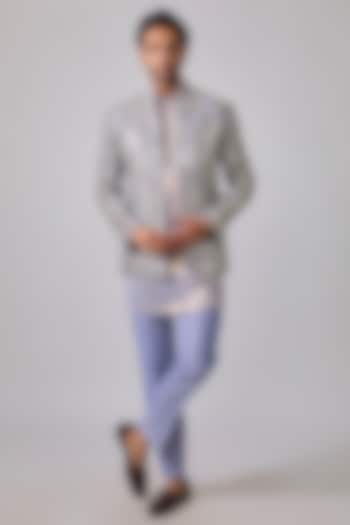 Blue Zari Silk Mirror Work Wedding Indowestern Set by sharad raghav men at Pernia's Pop Up Shop