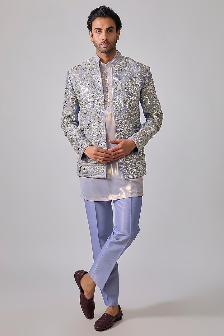 Blue Zari Silk Mirror Work Wedding Indowestern Set by sharad raghav men at Pernia's Pop Up Shop