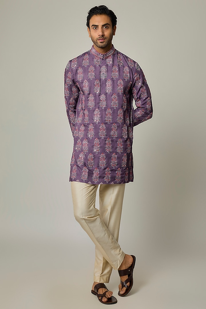 Purple Modal Silk Embroidered & Digital Printed Kurta Set by sharad raghav men at Pernia's Pop Up Shop