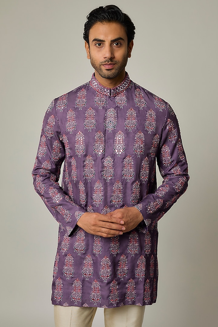Purple Modal Silk Embroidered & Digital Printed Kurta Set by sharad raghav men at Pernia's Pop Up Shop