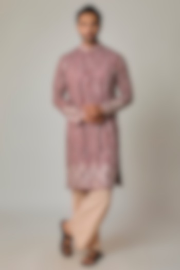 Rustic RedModal Silk Embroidered & Digital Printed Kurta Set by sharad raghav men at Pernia's Pop Up Shop