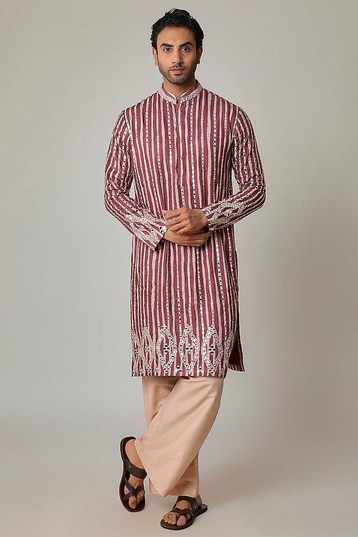 Rustic RedModal Silk Embroidered & Digital Printed Kurta Set by sharad raghav men at Pernia's Pop Up Shop
