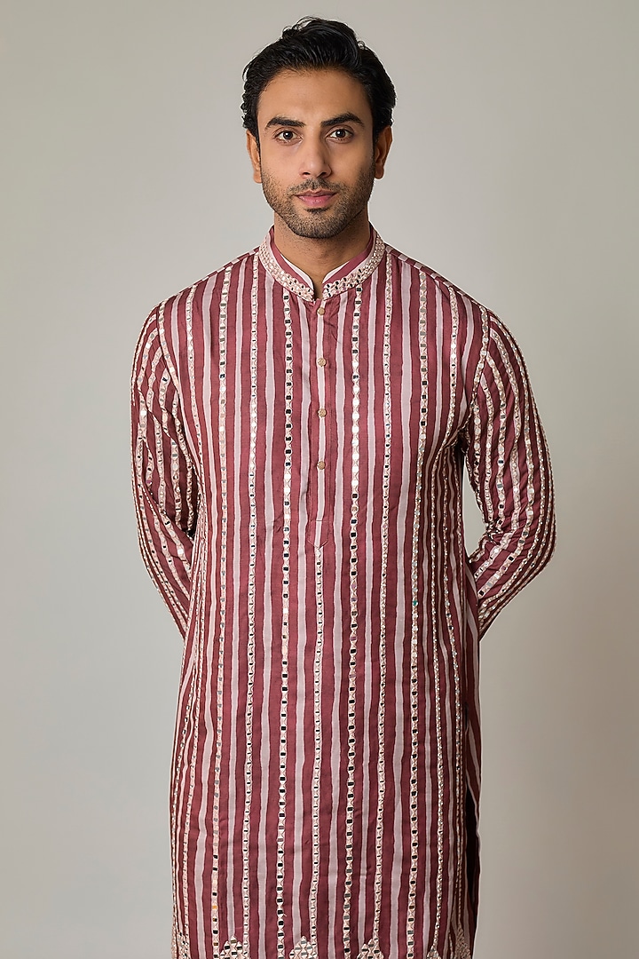 Rustic RedModal Silk Embroidered & Digital Printed Kurta Set by sharad raghav men at Pernia's Pop Up Shop