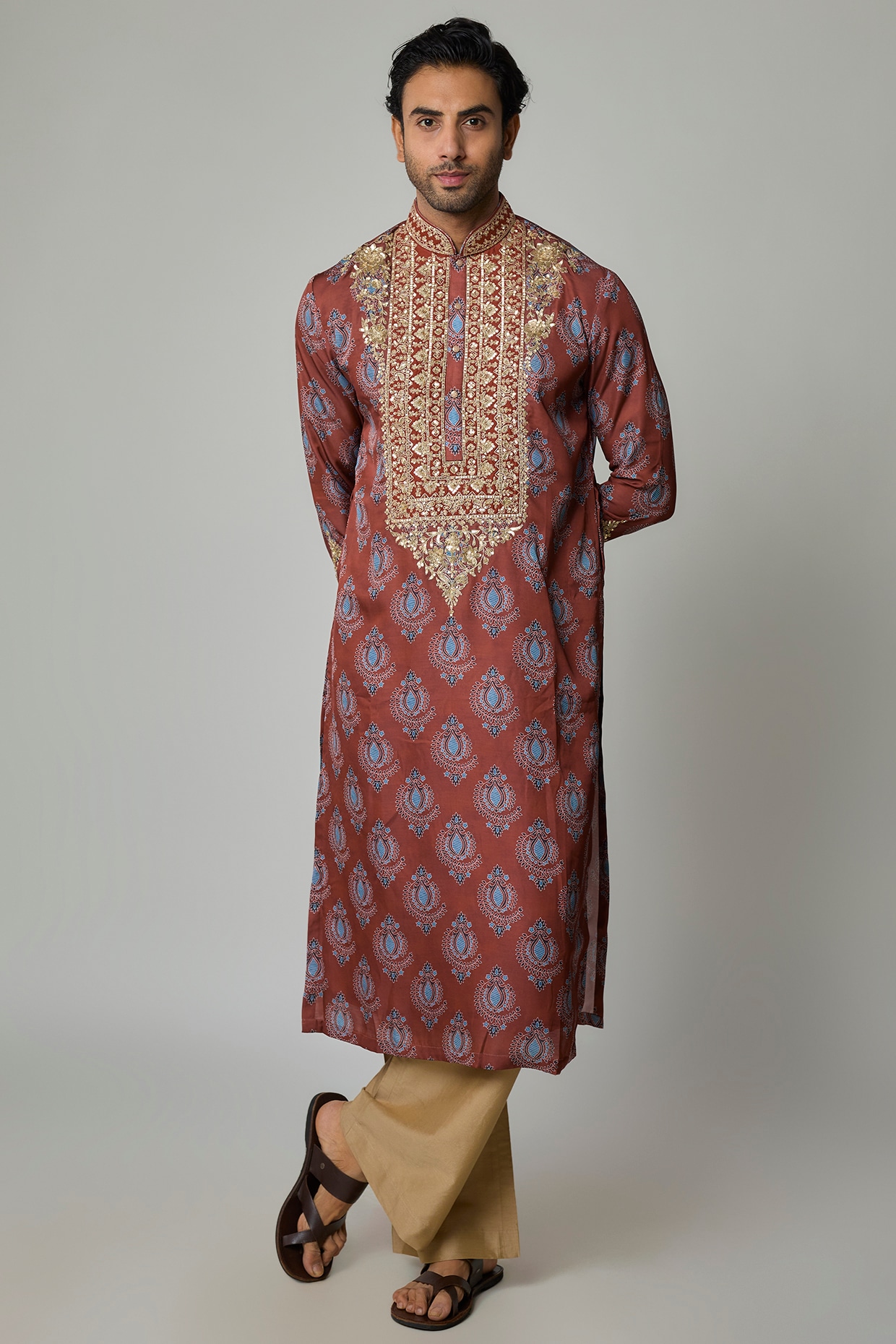 sharad raghav Brick Red Modal Silk Zardosi Embroidered & Digital Printed Kurta Set