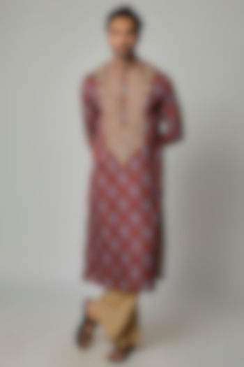 Brick Red Modal Silk Zardosi Embroidered & Digital Printed Kurta Set by sharad raghav men at Pernia's Pop Up Shop