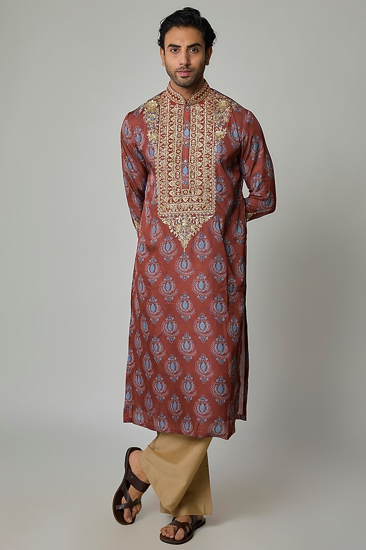 Brick Red Modal Silk Zardosi Embroidered & Digital Printed Kurta Set by sharad raghav men at Pernia's Pop Up Shop