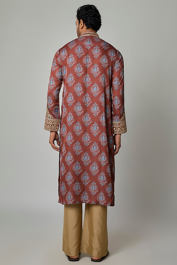 Brick Red Modal Silk Zardosi Embroidered & Digital Printed Kurta Set by sharad raghav men at Pernia's Pop Up Shop