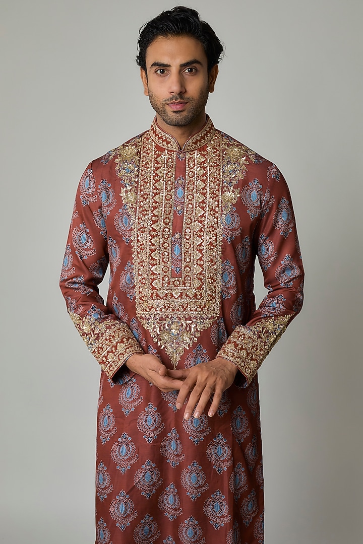Brick Red Modal Silk Zardosi Embroidered & Digital Printed Kurta Set by sharad raghav men at Pernia's Pop Up Shop