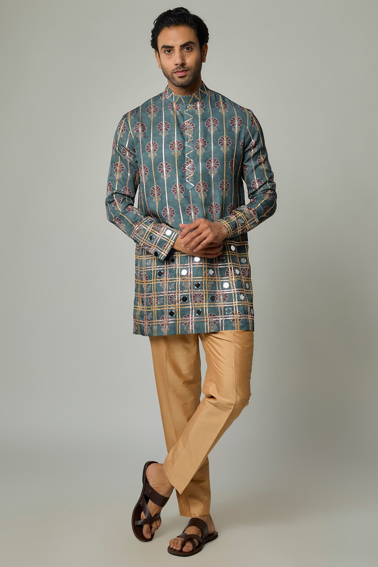 sharad raghav Mint Blue Modal Satin Mirror Embroidered & Digital Printed Kurta Set