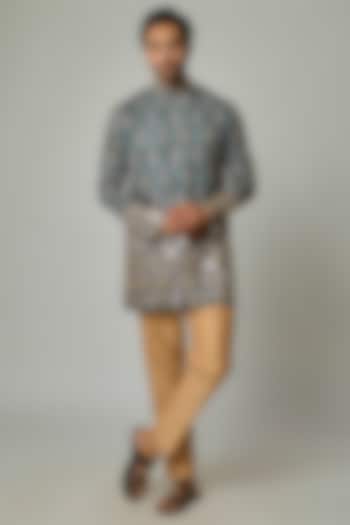 Mint Blue Modal Satin Mirror Embroidered & Digital Printed Kurta Set by sharad raghav men at Pernia's Pop Up Shop